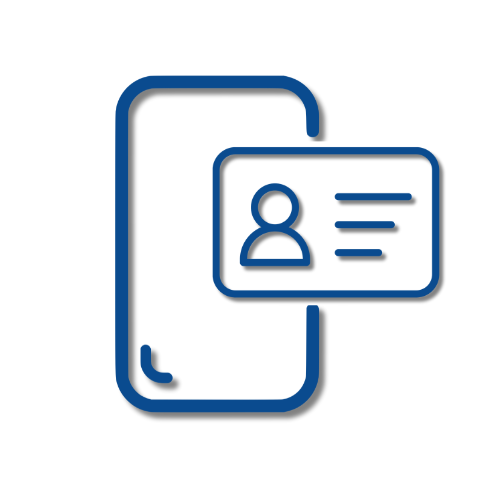 Blaues Umriss-Symbol eines Smartphones, das eine Profilkarte mit einem Benutzer-Avatar und drei horizontalen Linien für Text anzeigt.