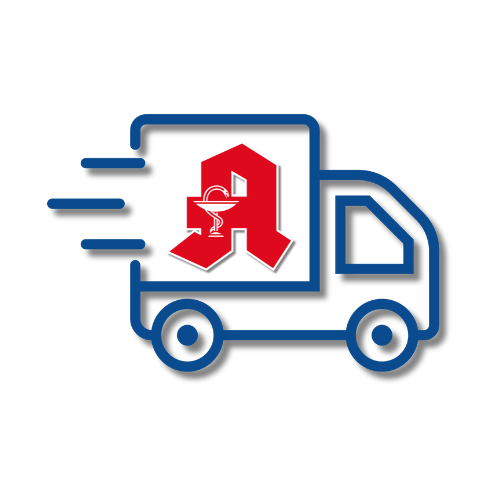 Umriss eines Lieferwagens mit Bewegungslinien, mit einem roten Apotheken-A-Symbol mit einer Schale und einem Schlangensymbol an der Seite.