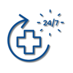 Blaues medizinisches Kreuz mit einem kreisförmigen Pfeil, neben 24/7, umgeben von Uhrzeilen, die auf medizinische Dienste rund um die Uhr hinweisen.