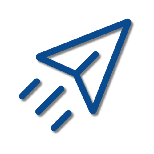 Ein blauer Umriss eines Papierflugzeugs mit drei Linien dahinter, die Bewegung andeuten, auf weißem Hintergrund.